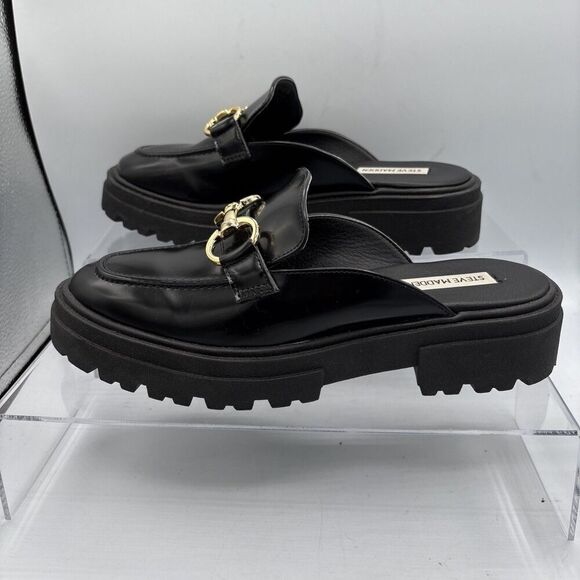 STEVE MADDEN Missk Black Patent Leather Mules Size 7.5 Chunky Loafer Y2k Retro - Picture 3 of 12
